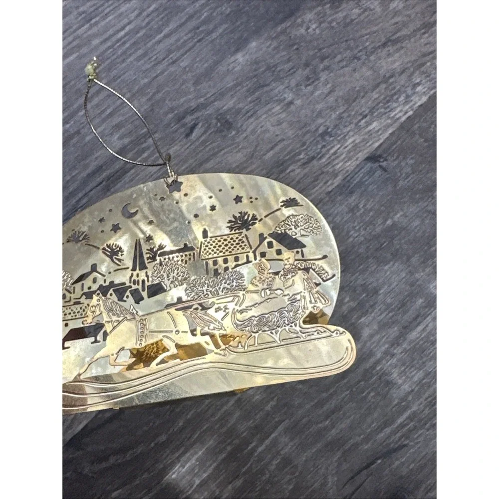 Hallmark 1982 3D Brass Sleigh Ride Gold Tone Christmas Ornament
